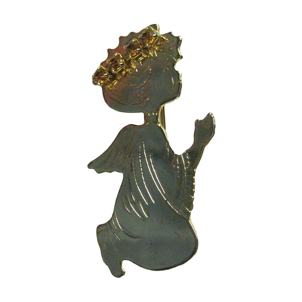 Praying Angel Goldtone Brooch 1.5 in Pin Women Men Orange Rhinestones Halo